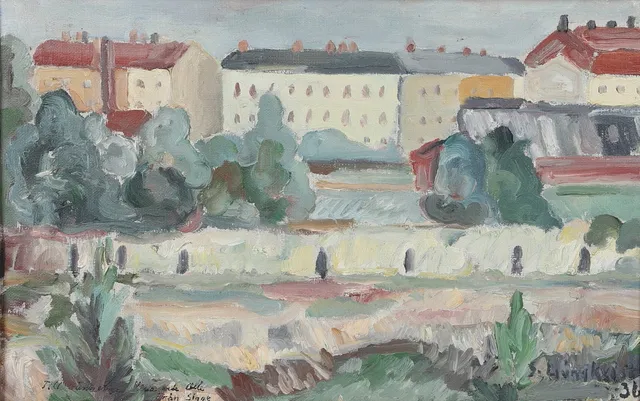 SIGGE LJUNGKVIST. Olja på pannå, stadsmotiv, signerad och daterad 36.