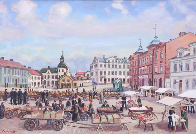 GEORG HULT. Olja på duk, Lilla Torget Oskarshamn, signerad.