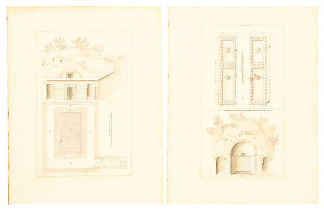 PALLADIO. EFTER. "Study of a tomb", omkring 1680, två stycken.