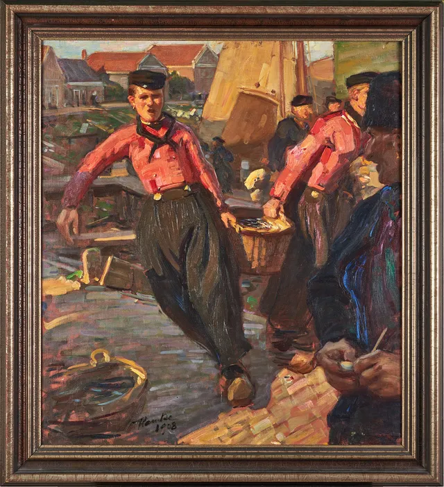 IVAR KAMKE (1882-1936). Fiskauktion i Volendam, signerad och daterad 1908, olja på duk.