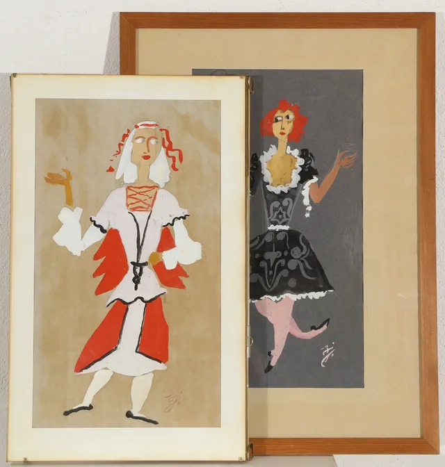SVEND JOHANSEN (1890-1970). To figurkompositioner, kostumeskitser, gouache på papir (2).