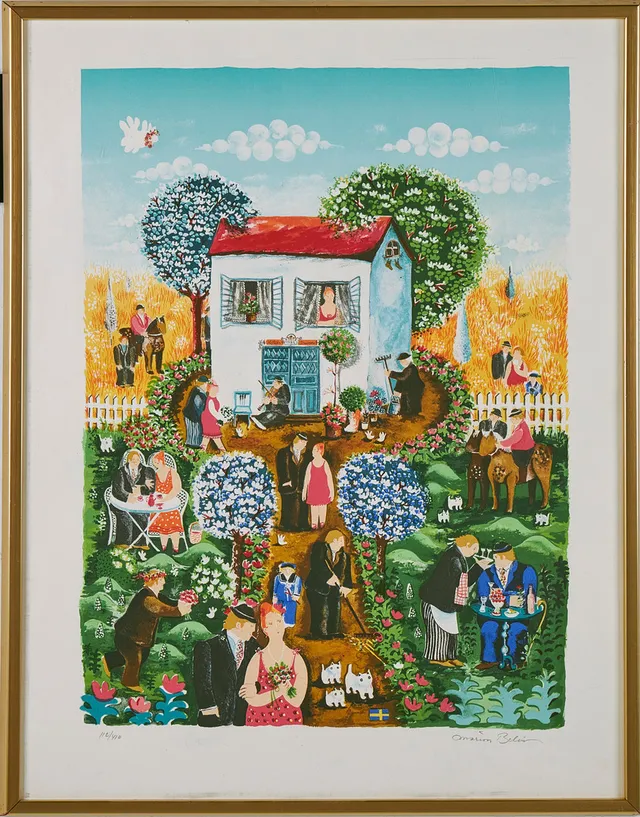 MARION BELIN. trädgård med figurer, färglitografi, signerad samt numrerad 112/410.