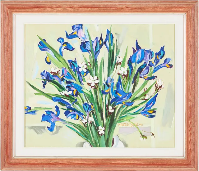 MARTIN SJÖBLOM (1920-2004). Blomsterbukett med iris, olja på duk, signerad.