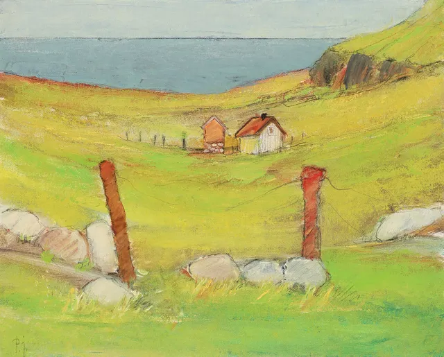 POUL JOHANSEN (F. 1936, D. 2014, ). “De grønne øer”. olie på masonit. 1987 Danmark.