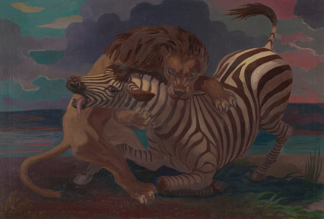 Borchgrevink, Ridley — "Løve og sebra" 1943 — Kunst/Maleri — Blomqvist