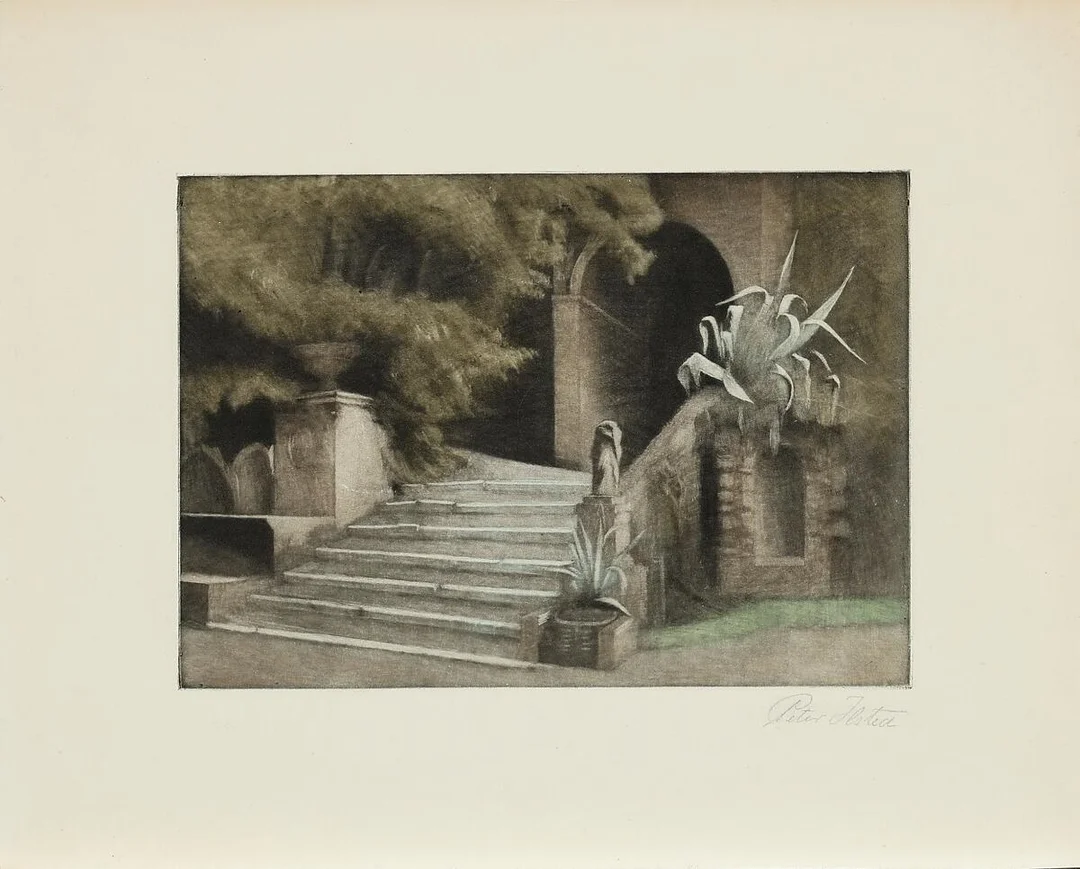 “Fra haven i Villa d'Este”. View from the garden at Villa d'Este. Signed Peter Ilsted. 1931. Opus 70. Mezzotint in colours. Sheet size 26×33 cm. Unframed. — Prints & Drawings — Bruun Rasmussen