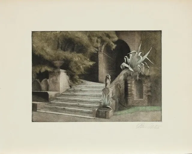 “Fra haven i Villa d'Este”. View from the garden at Villa d'Este. Signed Peter Ilsted. 1931. Opus 70. Mezzotint in colours. Sheet size 26×33 cm. Unframed.