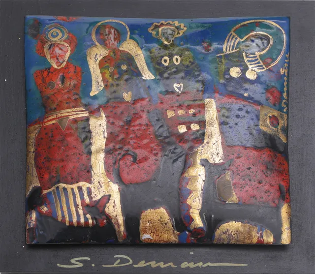 SUSANNE DEMÅNE. EMALJTAVLA, metall, signerad, modern.