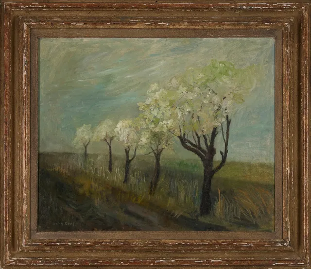 BETH ZEEH. "Blommande äppelträd", olja på duk, signerad.