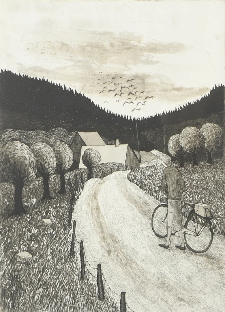 EVA REX. Landsväg med cykel, etsning, signerad 1979. — Engravings & Prints — Helsingborgs Auktionskammare