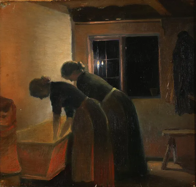 Women working in the glow of the candle light. Presumably signed Søren Lund. Oil on canvas mounted on canvas. 31×33 cm.