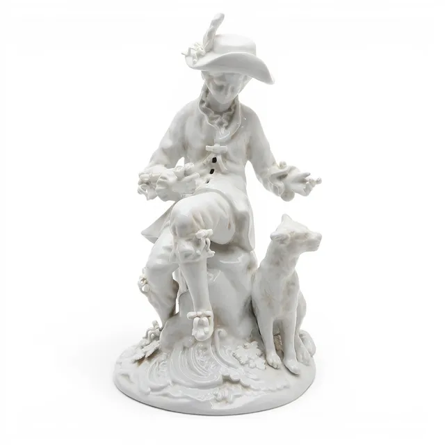 "18th Century-like man with a dog", Meissen glazed porcelain figure, 20th Century.