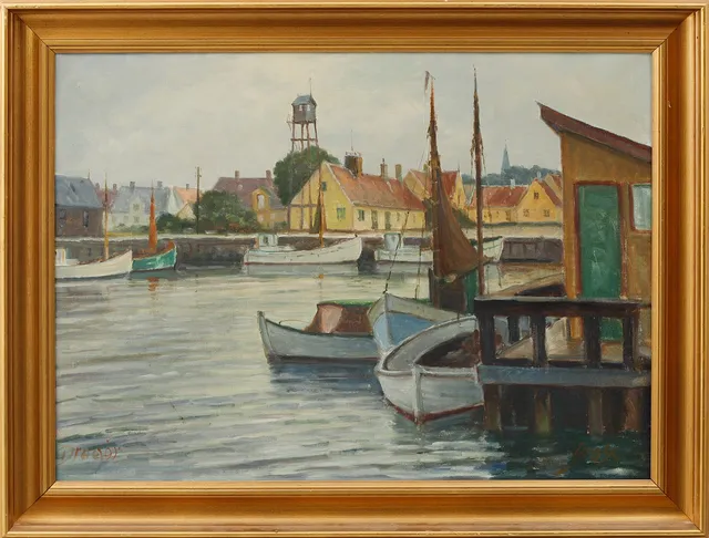 EINAR GROSS. "Dragör havn", olja på duk, signerad.