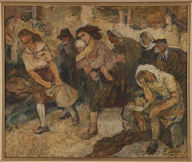 HUGO LEPIK. Människor på flykt, olja på pannå, signerad samt daterad 1947.