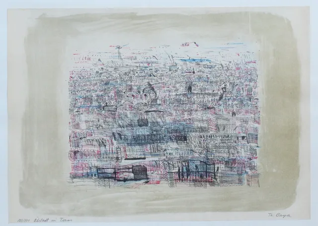 THOMAS BAYRLE. "Ölstadt in Texas", Farblithographie, signiert.