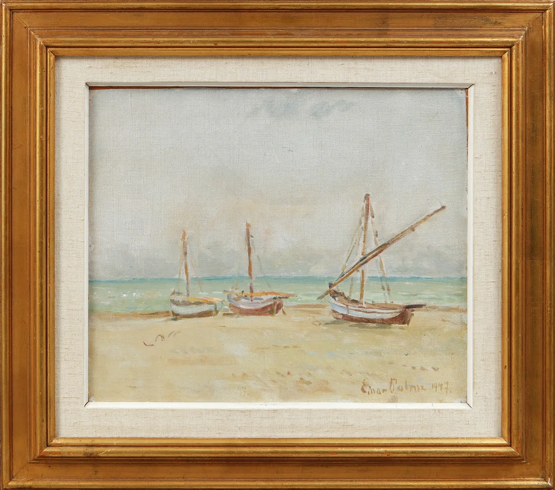 EINAR PALME. Båtar på strand, olja på duk, signerad och daterad 1947. — Paintings — Göteborgs Auktionsverk