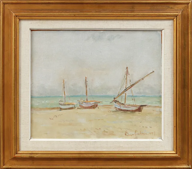 EINAR PALME. Båtar på strand, olja på duk, signerad och daterad 1947.
