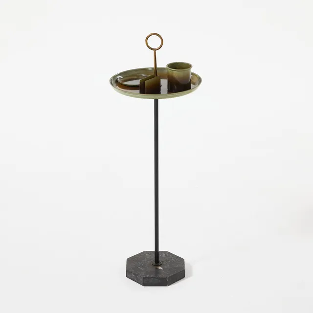 GUNNAR ANDER. Drink/rökbord, Ystad brons, 4 delar, svartlackerad metall, mässing, brons samt fot i sten.