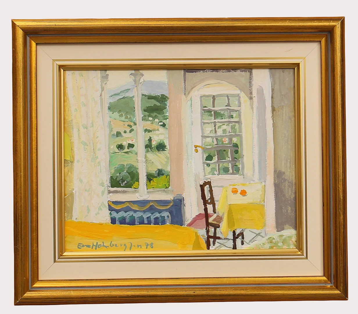 EVA HOLMBERG JACOBSSON. Olja på pannå, rumsinteriör, signerad, daterad 1978. — Paintings — Limhamns Auktionsbyrå