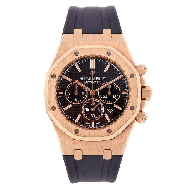Royal Oak of 18k rose gold, ref. 26328OR.OO.D002CR.01. Mechanical movement with automatic winding, chronograph and date indication, cal. 2385. Black rubber strap with Audemars Piguet C-clasp of 18k rose gold. Ø 41 mm. 2015.