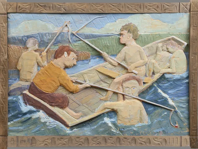 HELMER TELEMAN. TRÄRELIEF, snidad och målad, 1900-tal.