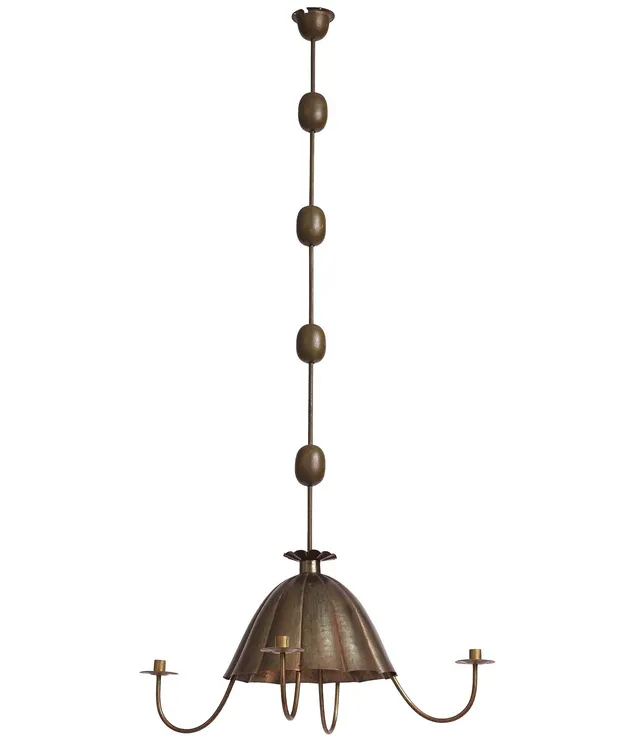 Gunnar Asplund, sannolikt, taklampa/ljuskrona, mässing, utförd till lärarrummet på Karlshamns realskola, ca 1912-1918.