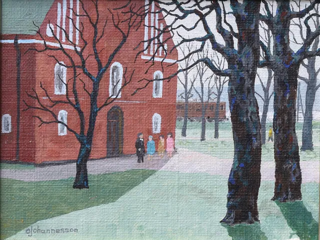 OVE JOHANNESSON. Växjö Domkyrka med figurer, olja på pannå, signerad.
