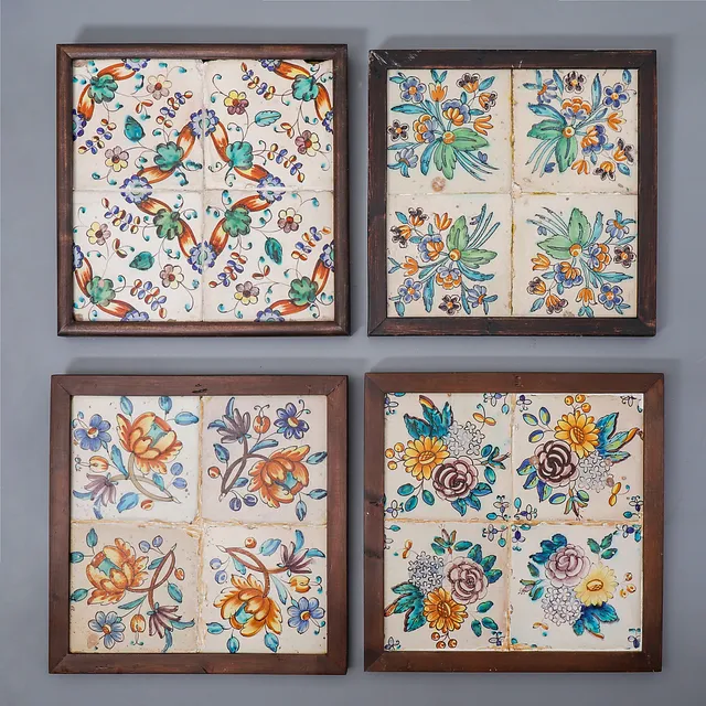 Four panels of four Valencian tiles, 18th Century.