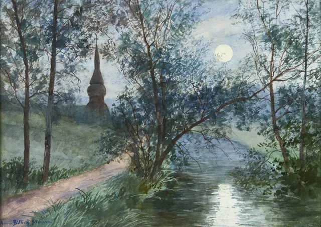 ANNA BILLING (1849-1927): ”Skansen” i månsken, signerad Anna Billing, akvarell.