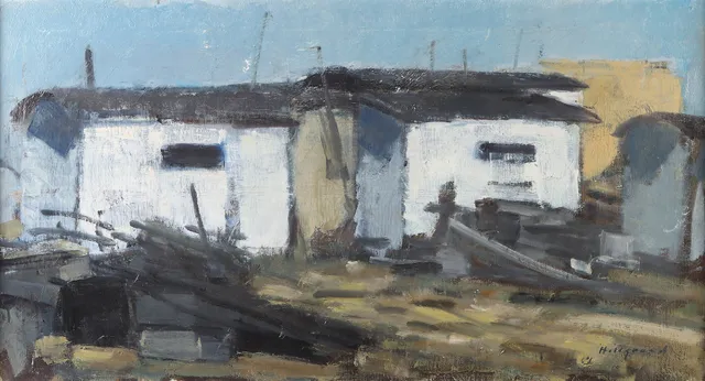 BENGT HILLGRUND. Oljemålning på duk. Hus. Signerad.
