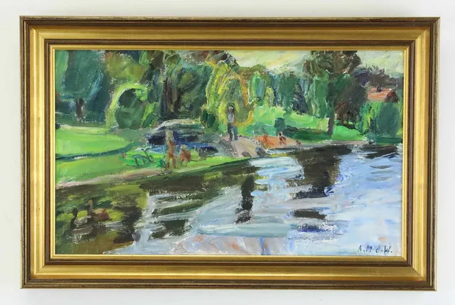 ASTRID MUNTHE DE WOLFE. Olja på duk, "Tenöbad, Waxholm", monogram signerad.