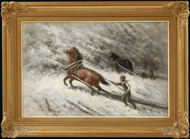 GEORG STOOPENDAAL. Vinterbild med hästar och figurer, olja på duk, signerad.