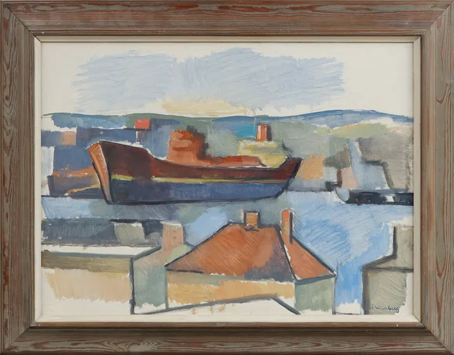 ÅKE WINNBERG. Olja på duk, hamnmotiv, signerad.