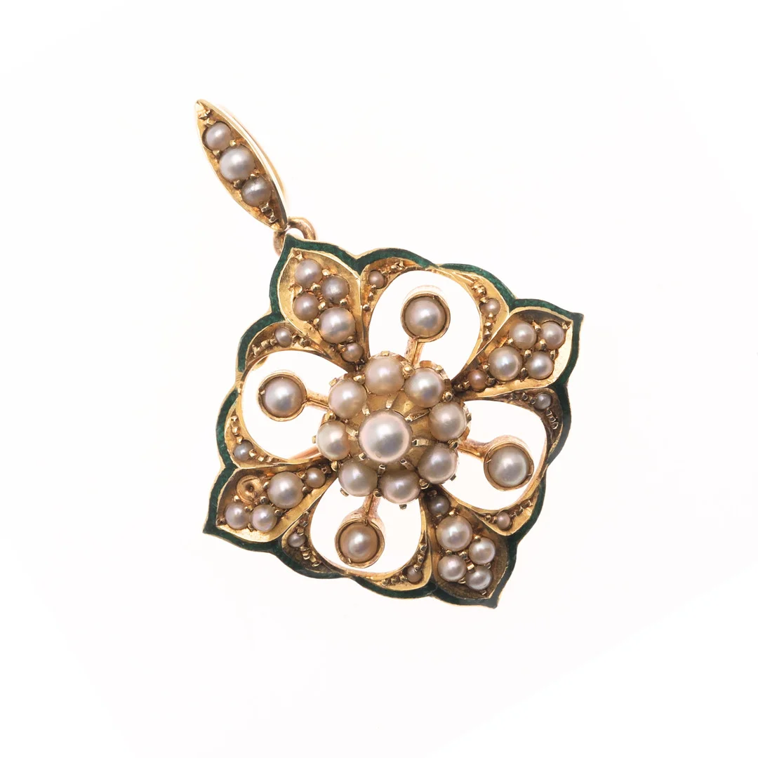 A VICTORIAN PEARL, ENAMEL AND 15CT GOLD BROOCH PENDANT. — Brooches & Pendants — Lawrences Auctioneers