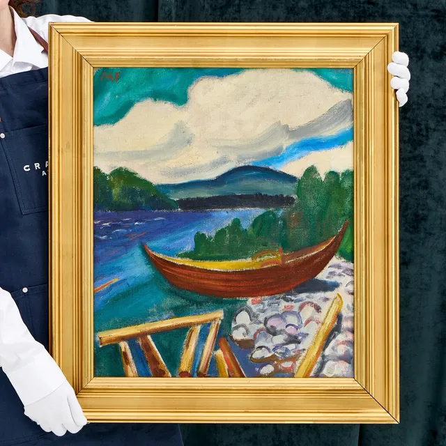 MOLLIE FAUSTMAN (Sverige, 1883–1966), Eka vid strand, monogramsignerad MF, olja på duk.