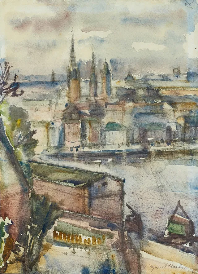 INGEGERD BESKOW (1887-1978), Vy från Fjällgatan med Stadsgården och Gamla stan , signerad Ingegerd Beskow, akvarell.