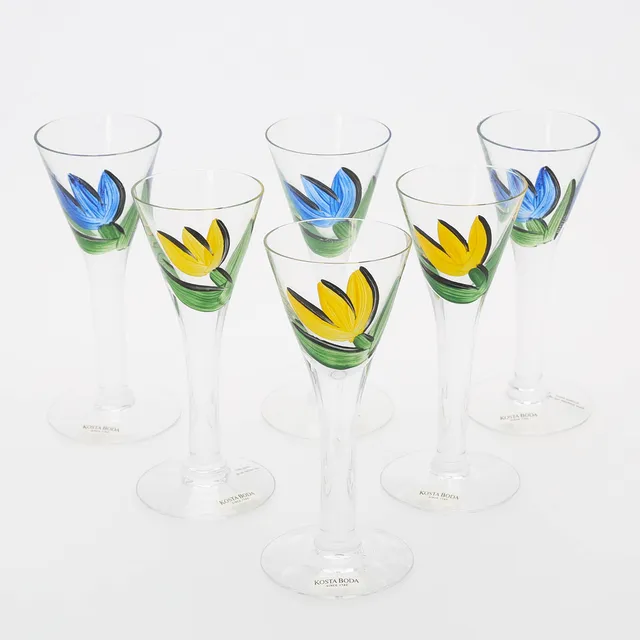 ULRICA HYDMAN-VALLIEN. Snapsglas, 6 st, handmålade, Kosta Boda.