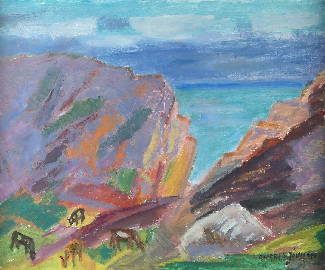 ANDERS A JÖNSSON. Oljemålning på pannå. Landskap med betande djur. Signerad. — Paintings — Skånes Auktionsverk