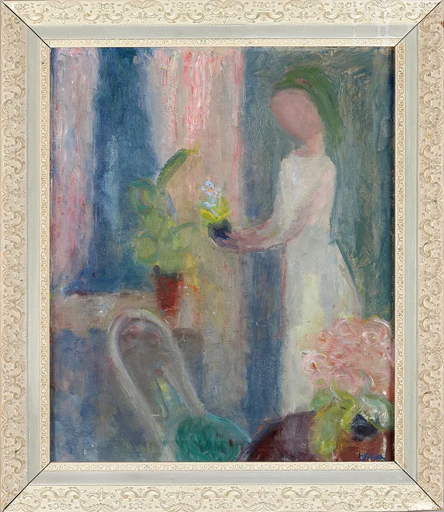 HANS STRIDH (1893-1957): Flicka med blomma, signerad, olja på duk.