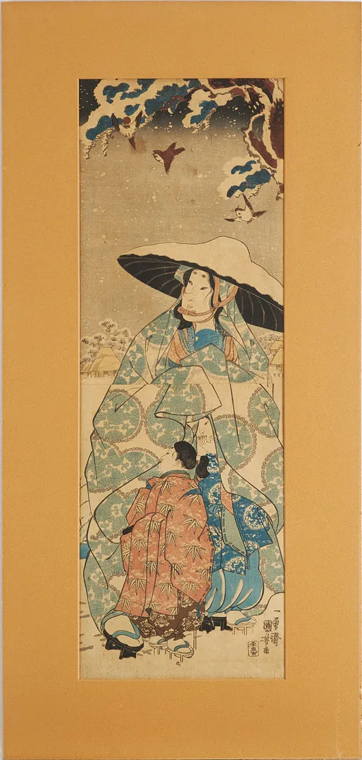 UTAGAWA KUNIYOSHI. "Tokiwa-Gozen with her three children in the snow", träsnitt, Japan, 1830/40, publ. Senichi.