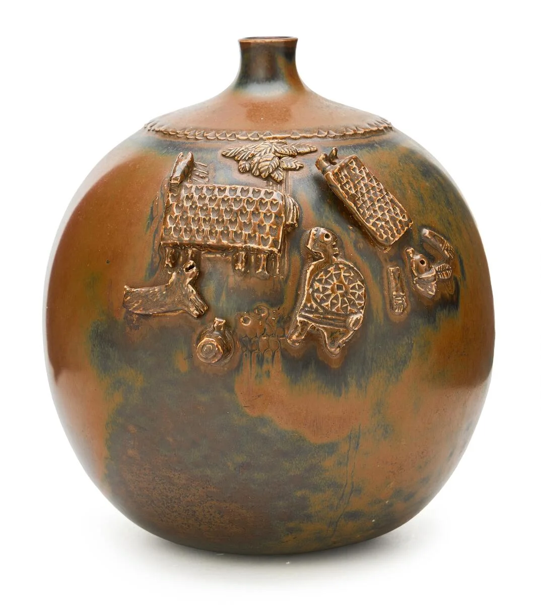Stoneware vase modelled with animals and figures in relief. Decorated with brown glaze with green elements. Signed Stig L. and with studio hand. Made by Gustavsberg. H. 24 cm. Diam. 20 cm. — Modern Decorative Art — Bruun Rasmussen