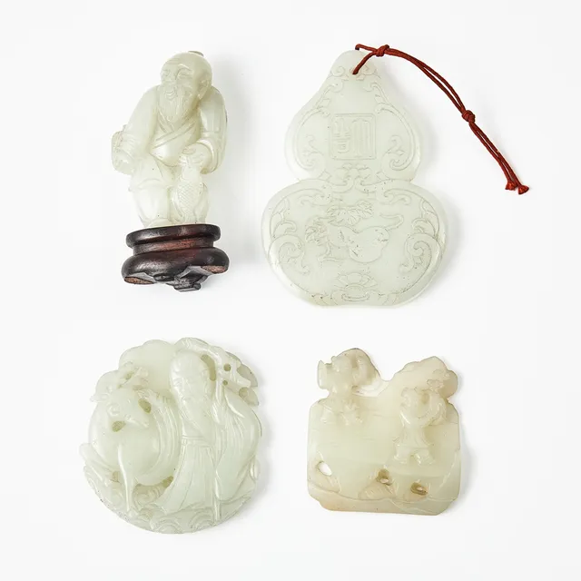 PLAKETTER, FIGUR, 4 dlr., jade, Kina, 1900-tal, skuren dekor.