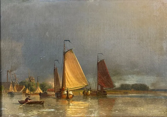 ALBERT BERG (1832-1916). Båtar vid kust, olja på duk, signerad och daterad 58.