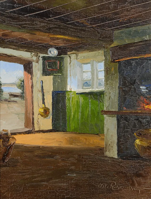 OSVALD RASMUSSEN. Interiör från stuga, olja på duk, signerad.