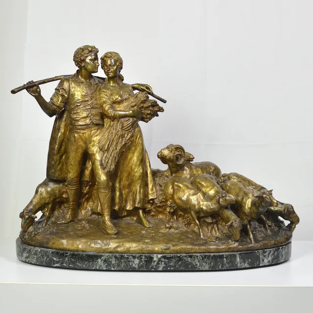 JOSEPH D'ASTE (1881-1945). "PASTORAL SCENE", SKULPTUR, BRONZE (VERGOLDET), MARMORSOCKEL, FRÜHES 20. JAHRHUNDERT, SIGNIERT.