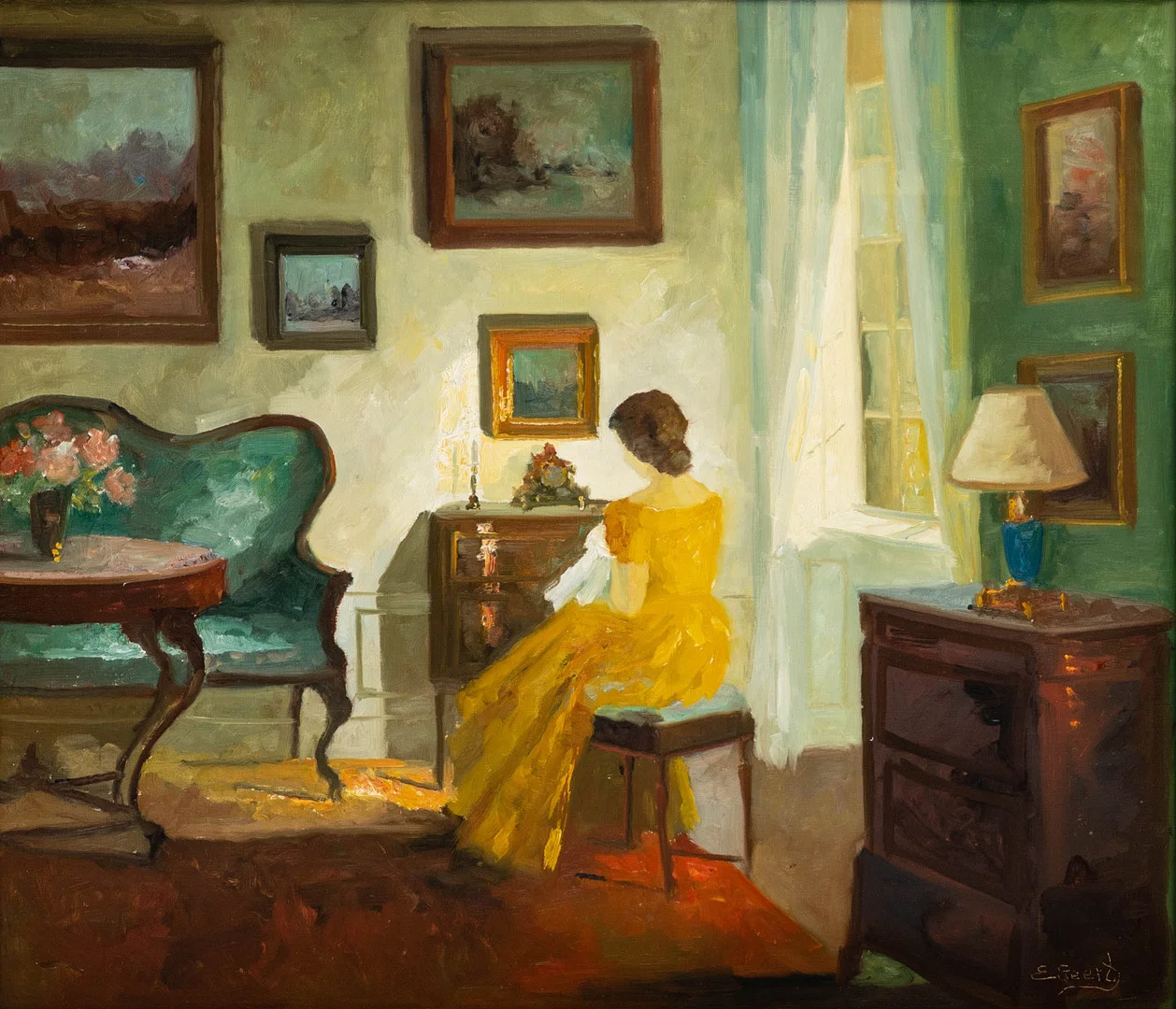 EDITH GEERT (1908-?). Interieur mit Dame in gelbem Kleid. — Paintings — Stockholms Auktionsverk Hamburg