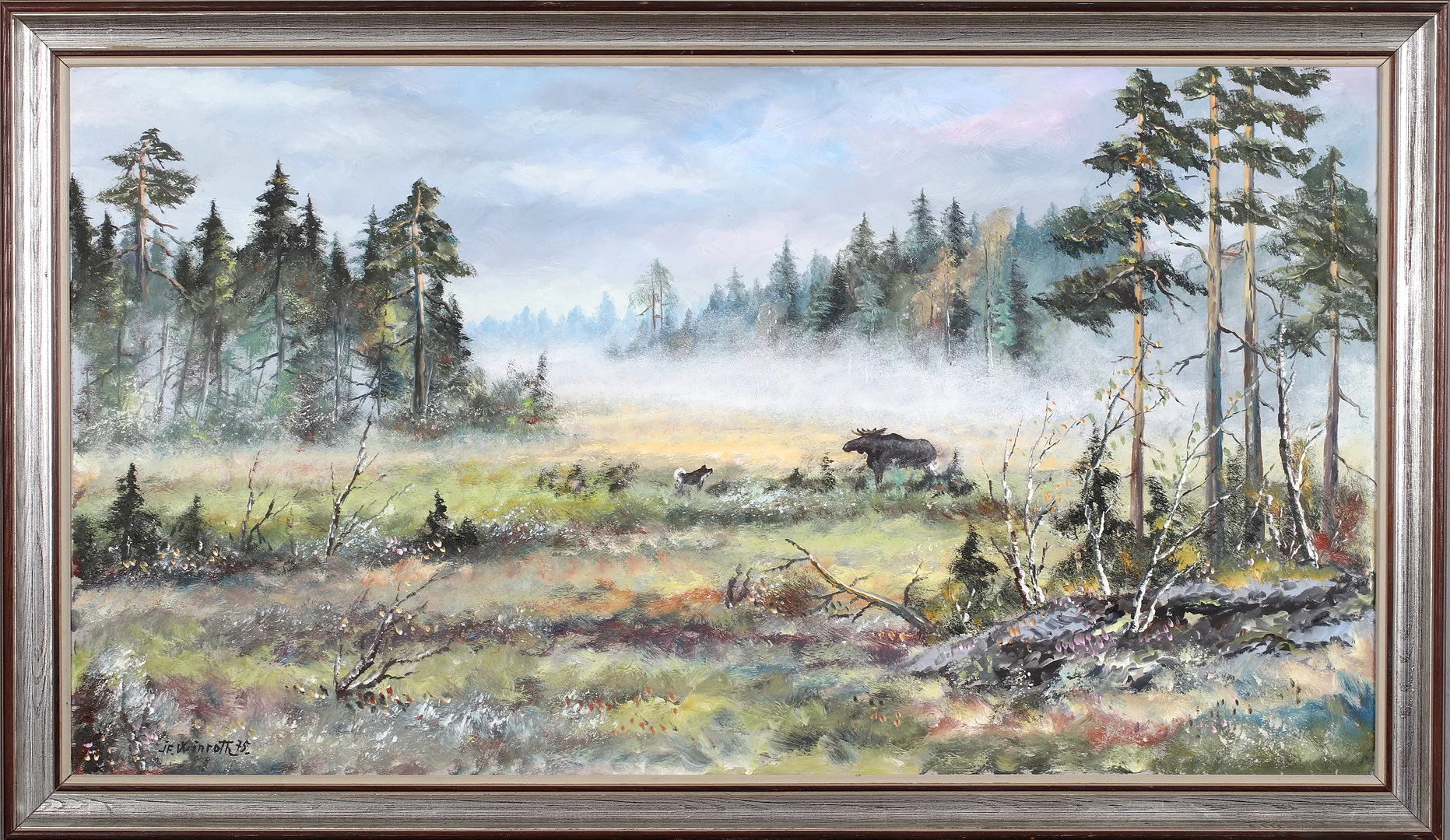 FINGAL WINROTH. Myr med älg och jakthund, olja på pannå, signerad. — Paintings — Stadsauktion Sundsvall