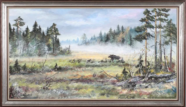 FINGAL WINROTH. Myr med älg och jakthund, olja på pannå, signerad.