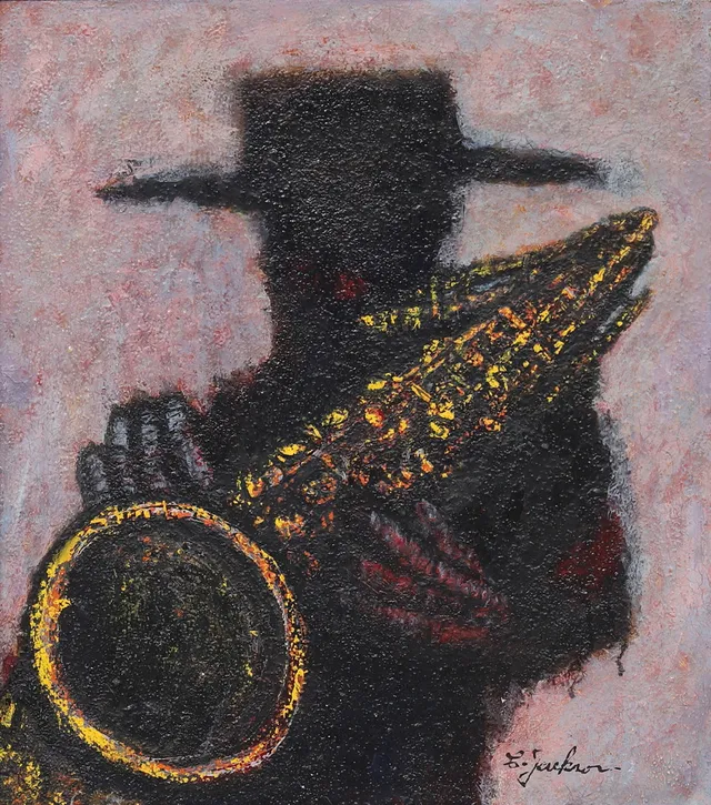 CLIFFORD JACKSON. Saxofonist i hatt, olja på pannå, signerad.