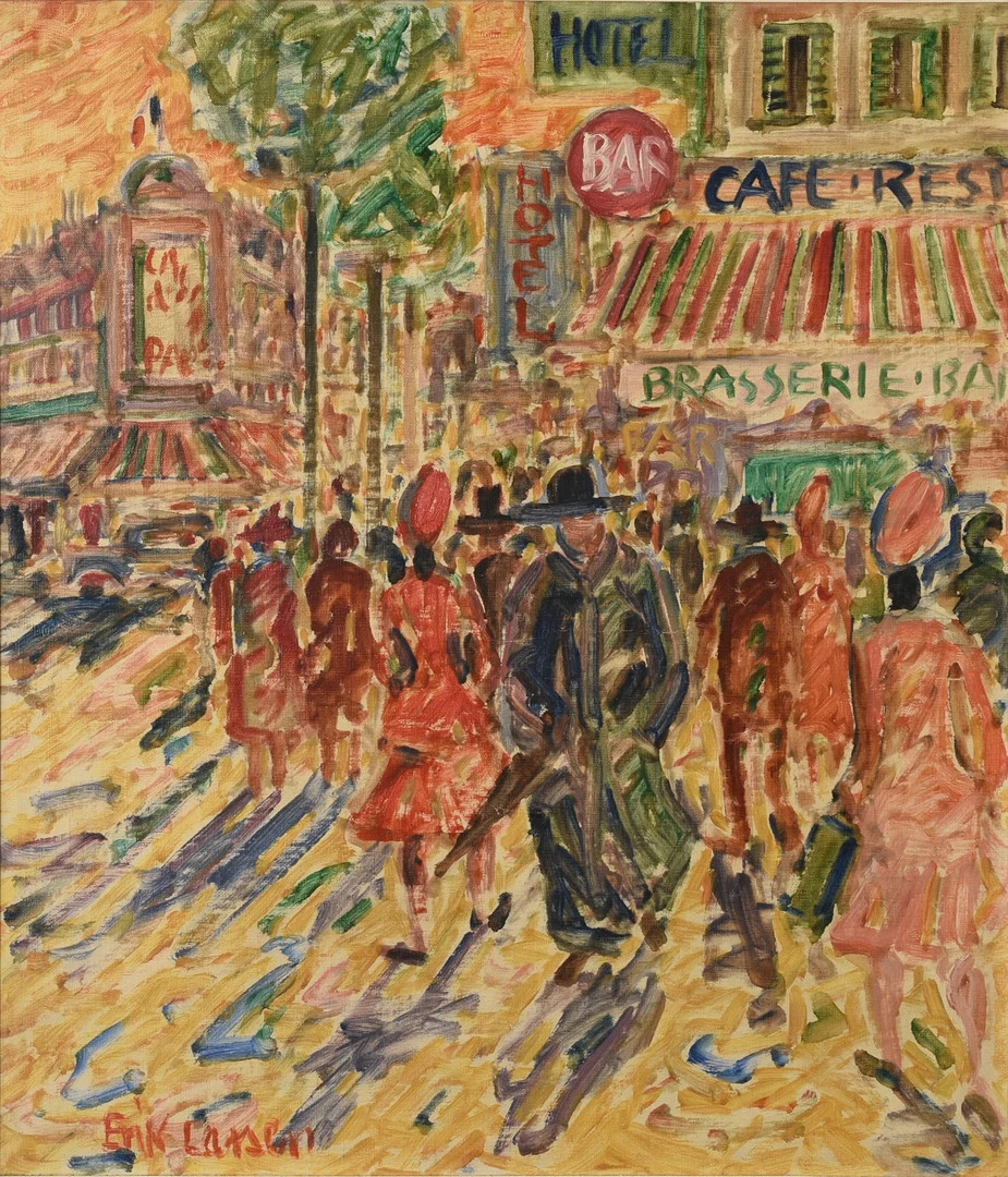 ERIK LARSEN. (1902-1975) Olie på lærred. Parisergadescene. Signeret. — Paintings — Sørensen Auktioner